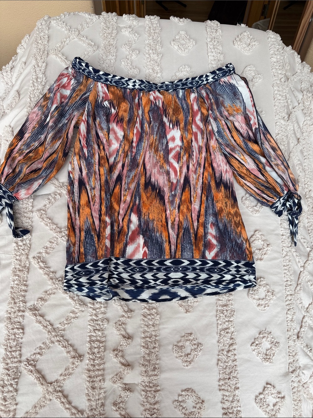 Tyche Off-Shoulder Multi-Color Printed Blouse in Orange, Navy & Pink